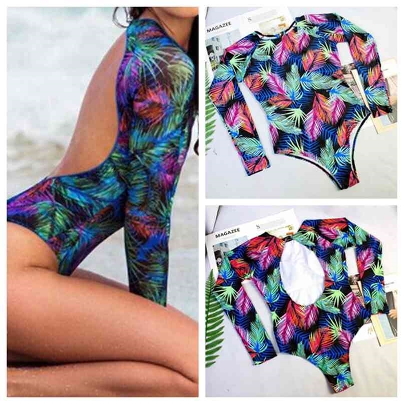 Rashguard Long Sleeve Swimsuit Print Surf Swimwear Women High Neck Bodysuit Swim Suits backless Monokini XL 210625