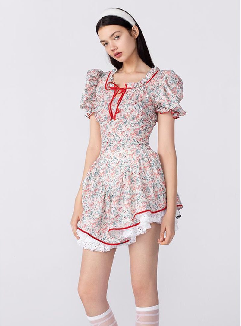 Lolita floral printed Victorian vintage lace up slim sweet cute mini dresses for women young girl 2 pieces vestidos 210421