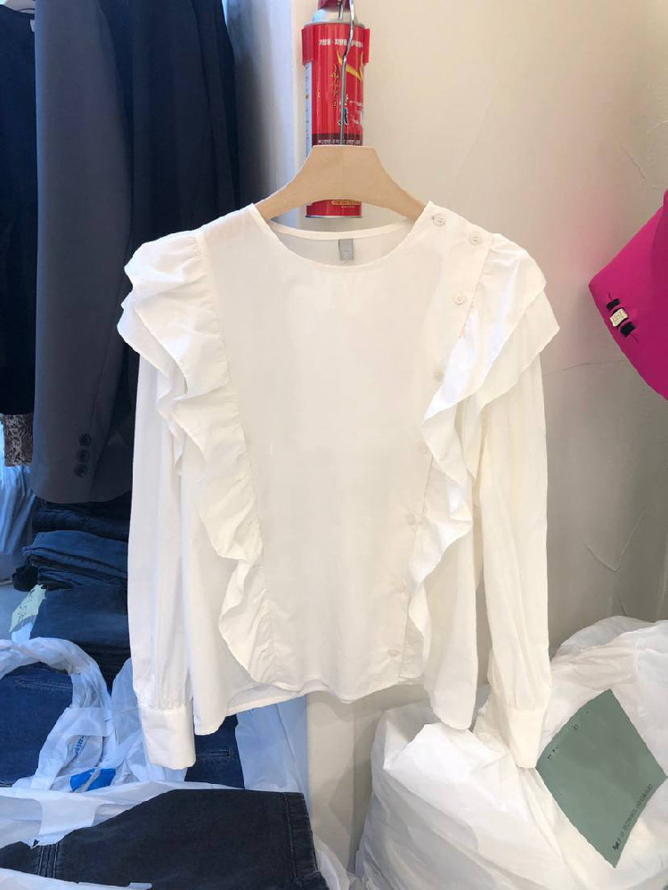 Nomikuma Women Blouse Irregular Single Breasted Korean Ruffle Patchwork Causal Blusas Femme Autumn New Sweet Shirts 6C375 210427