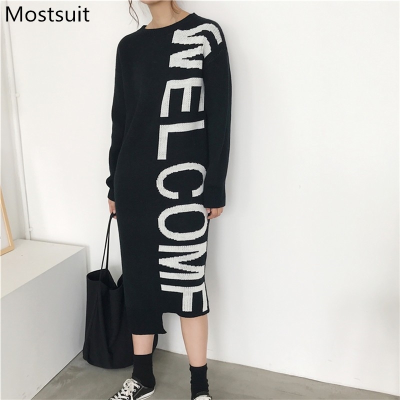 Autumn Thicken Korean Letters Knitted Sweater Dress Women Long Sleeve O-neck Asymmetrical Loose Straight Dresses 210518, Black (750g)
Autumn Thicken Korean Letters Knitted Sweater Dress Women Long Sleeve O-neck Asymmetrical Loose Straight Dresses 210518, Black (750g)