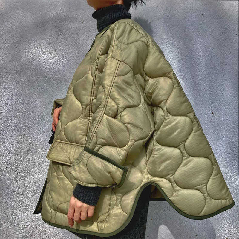 Women Army Green Winter Quilted Parkas Female Casual Long Sleeve Pocket Single Breasted Curved Hem Jacket Coat 211013