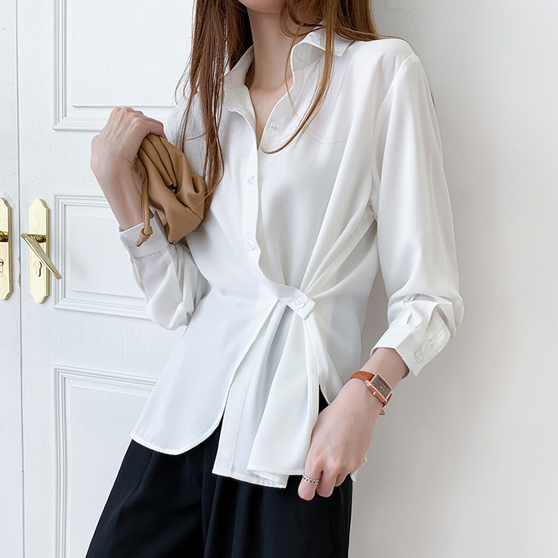 Fashion Women Long Sleeve Blouse Casual Lace Up Shirts Elegant Lapel Neck OL Asymmetric Tops Spring Blusas Femininas 316G 210420