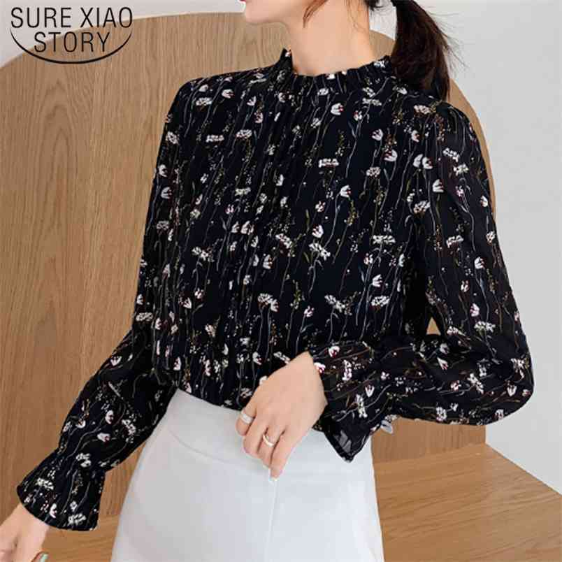 Arrival Stand Collar Blouse Women Korean Fashion Clothing Print Long Sleeve Chiffon Tops and 6755 50 210506