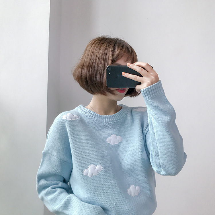 Spring Loose Clouds pink kawaii sweater women pullover casual O-Neck Long Sleeve knitted korean winter clothes 210521