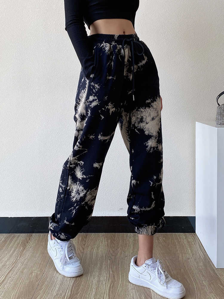 WOMENGAGA American Street Tie Dye Sports Pant's Drawstring Elastic High Waist Straight Casual Trousers SIKG 210603