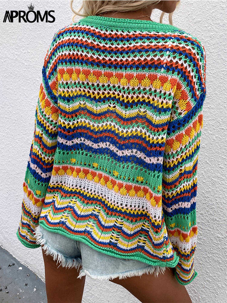 Aproms Elegant Rainbow Colored Long Sleeve Knit Cardigan Women Autumn Hollow Out Oversized Sweater Female Fashion Outerwear 210914