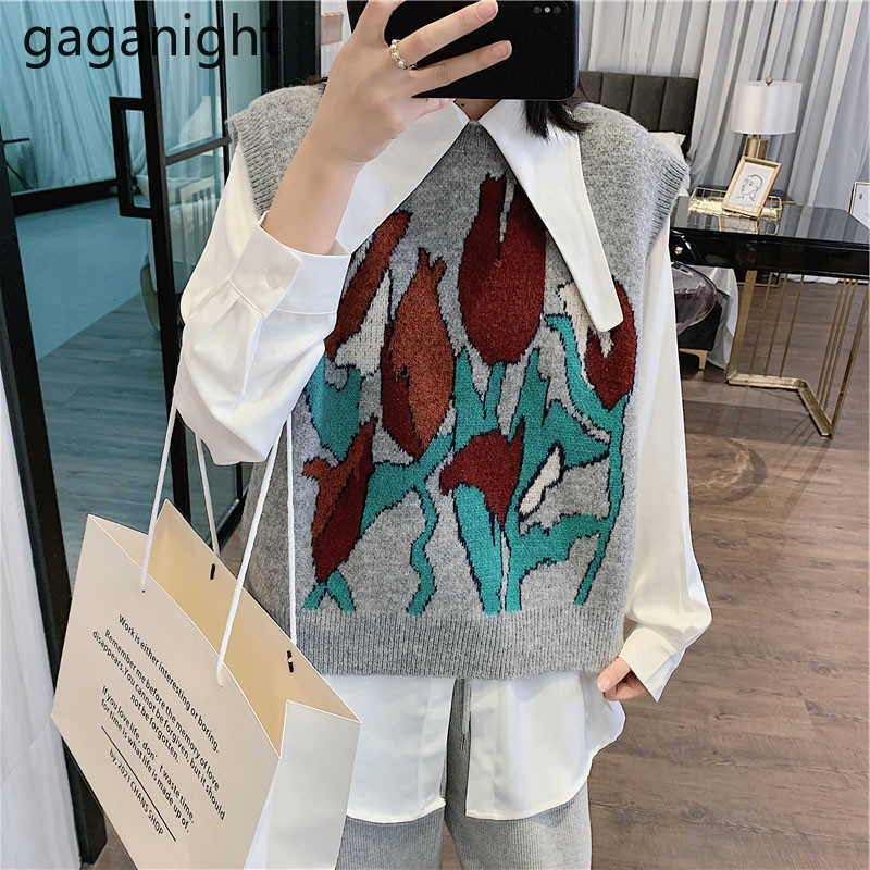 Vintage O-neck Knitted Vest Spring Women Sleeveless Pullover Floral Printed Loose Sweater Female Casual Tank Tops 210601