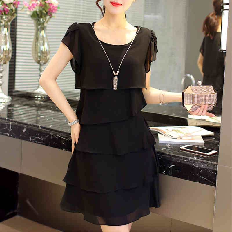 New Women Plus Size 5XL Summer Dress Loose Chiffon Cascading Ruffle Red Dresses Causal Ladies Elegant Party Cocktail Short 210409