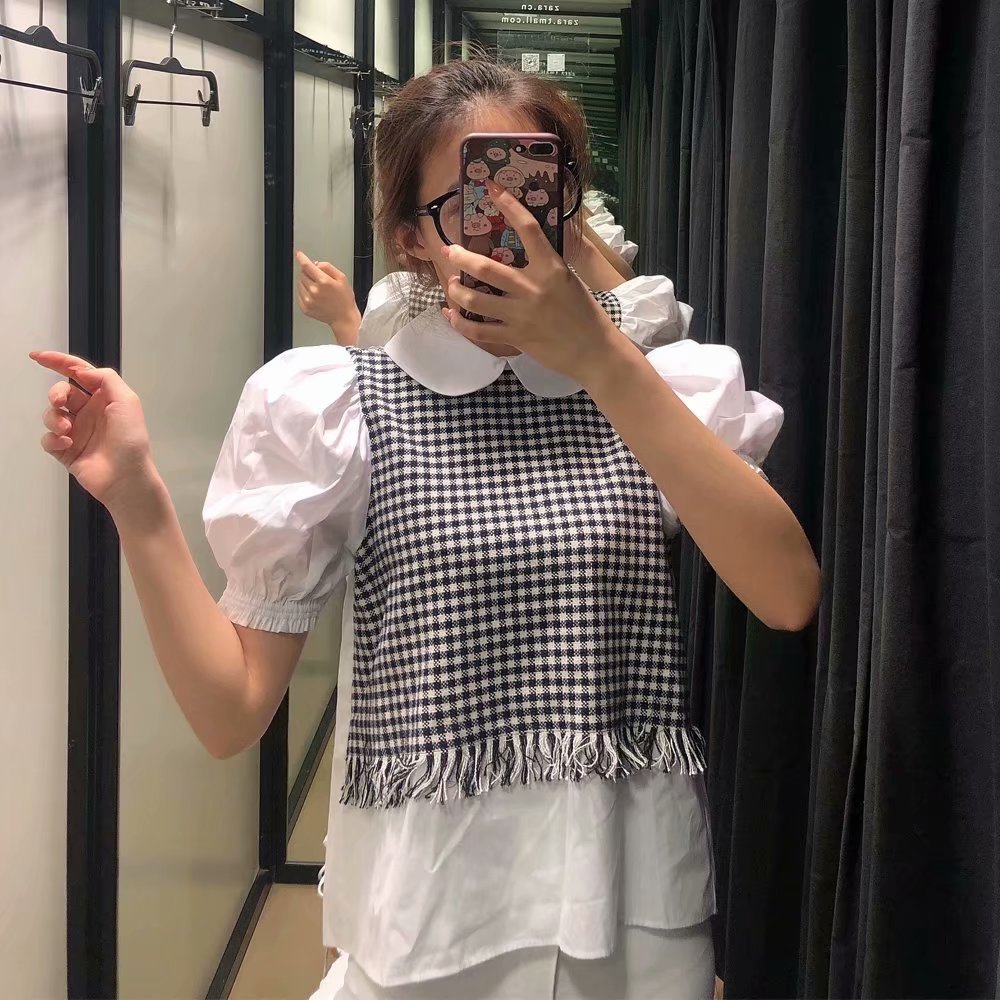 Spring Women Patchwork Tops Plaid Short Puff Sleeves Turn-Down Collar Shirt Chic Lady Fashion Casual Clothes 210517