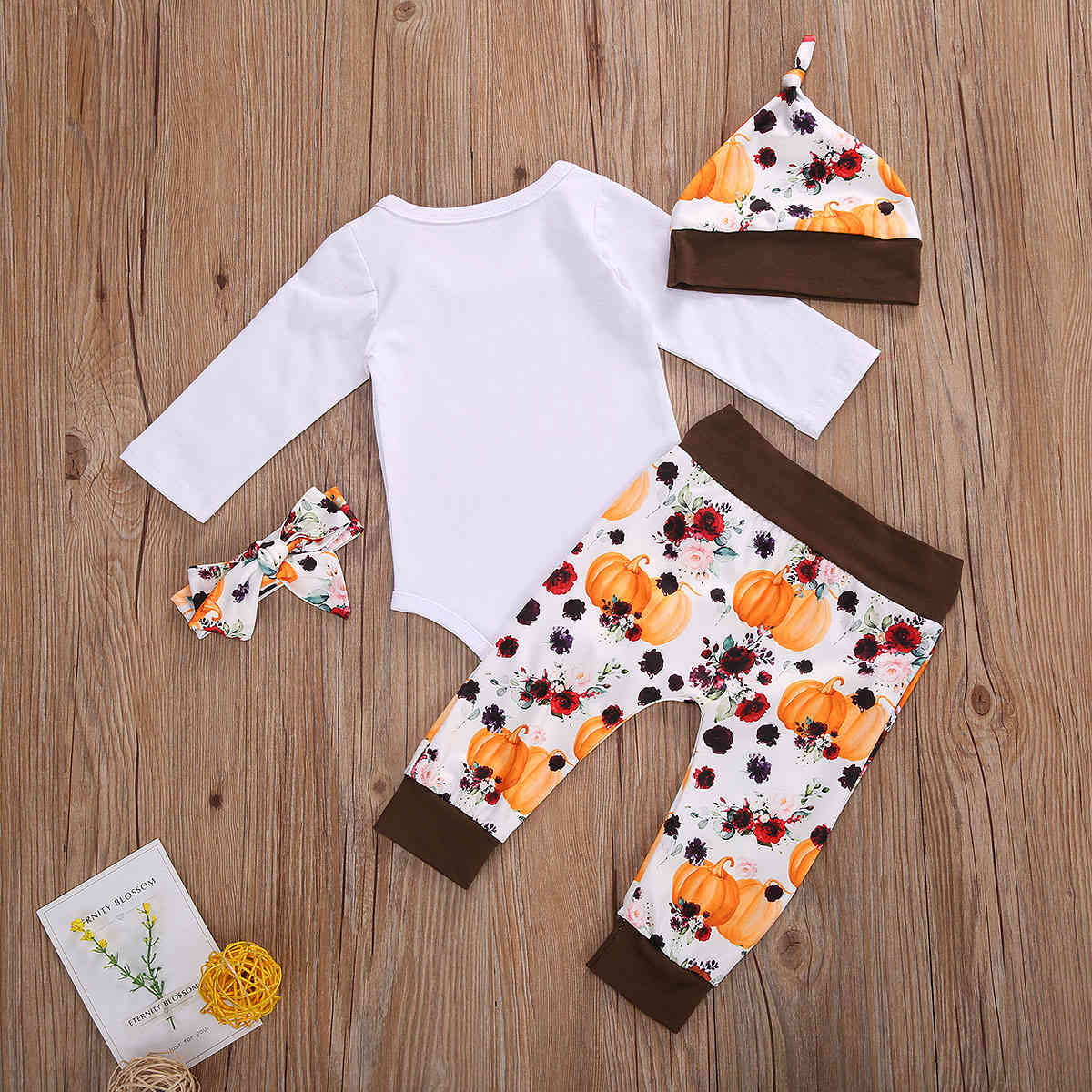 0-24M Thanksgiving day Baby Outfits born Infant Girl Boy Letter Romper Cartoon Pants Hat Headband Clothes Set 210515
