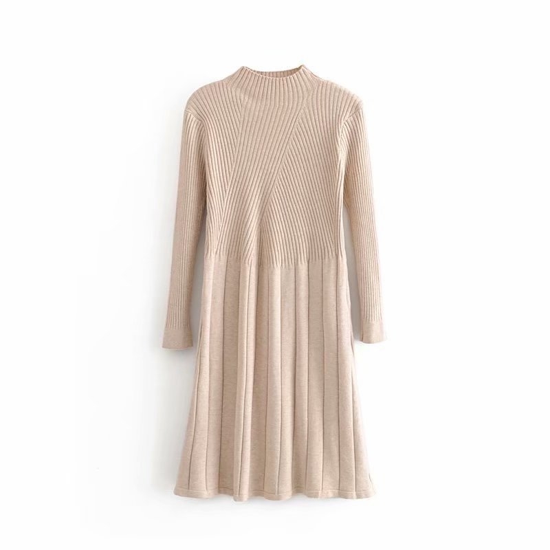 Women Casual Knitted Sweater Dress Autumn Winter Long Sleeve Elegant Pleated Solid Turtleneck Ladies Midi es 210515