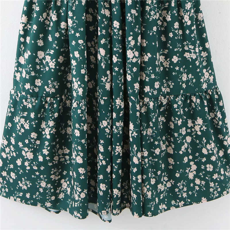 Vintage chic floral pattern print dress Bust elastic O neck long sleeve casual wear stylish chic green midi dresses vestidos 210630