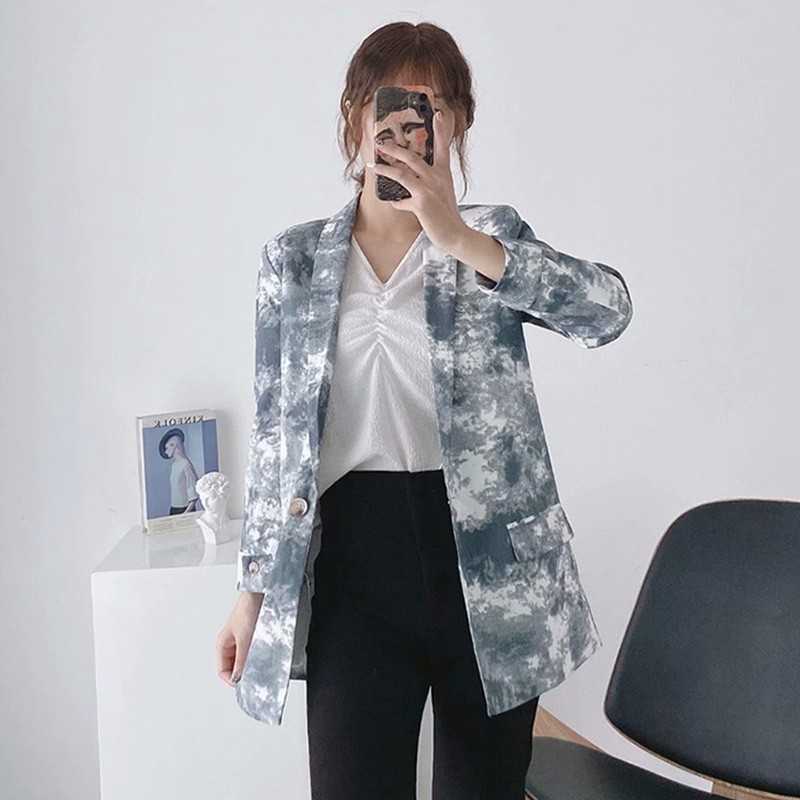LY VAREY LIN Autumn Women Casual Suit Jacket Black White Tie Dyed Printing Single Button Loose Office Lady Outerwear 210526
