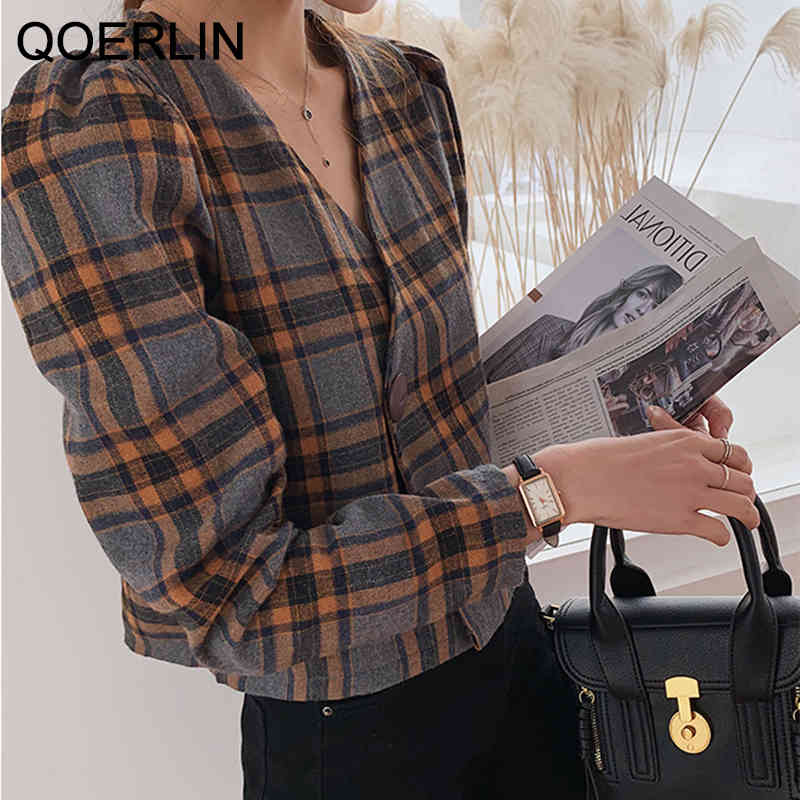 QOERLIN 3XL Womens Elegant Blouse Plus Size Vintage Sexy VNeck Plaid Crop Top Shirts Womens One Button Jacket Shorts Blouse 210412