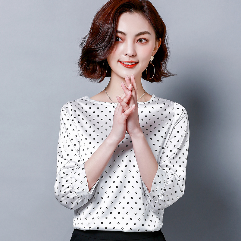Summer Short Sleeve Loose Tops Blusas O Neck Silk Shirt Casual Polka Dot Plus Size Women Blouse 9059 50 210415