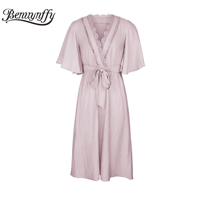 Surplice Neck Lace Patchwork Solid Midi Dresses Summer Butterfly Sleeve Women Elegant High Waist Belted A-Line Dress 210510