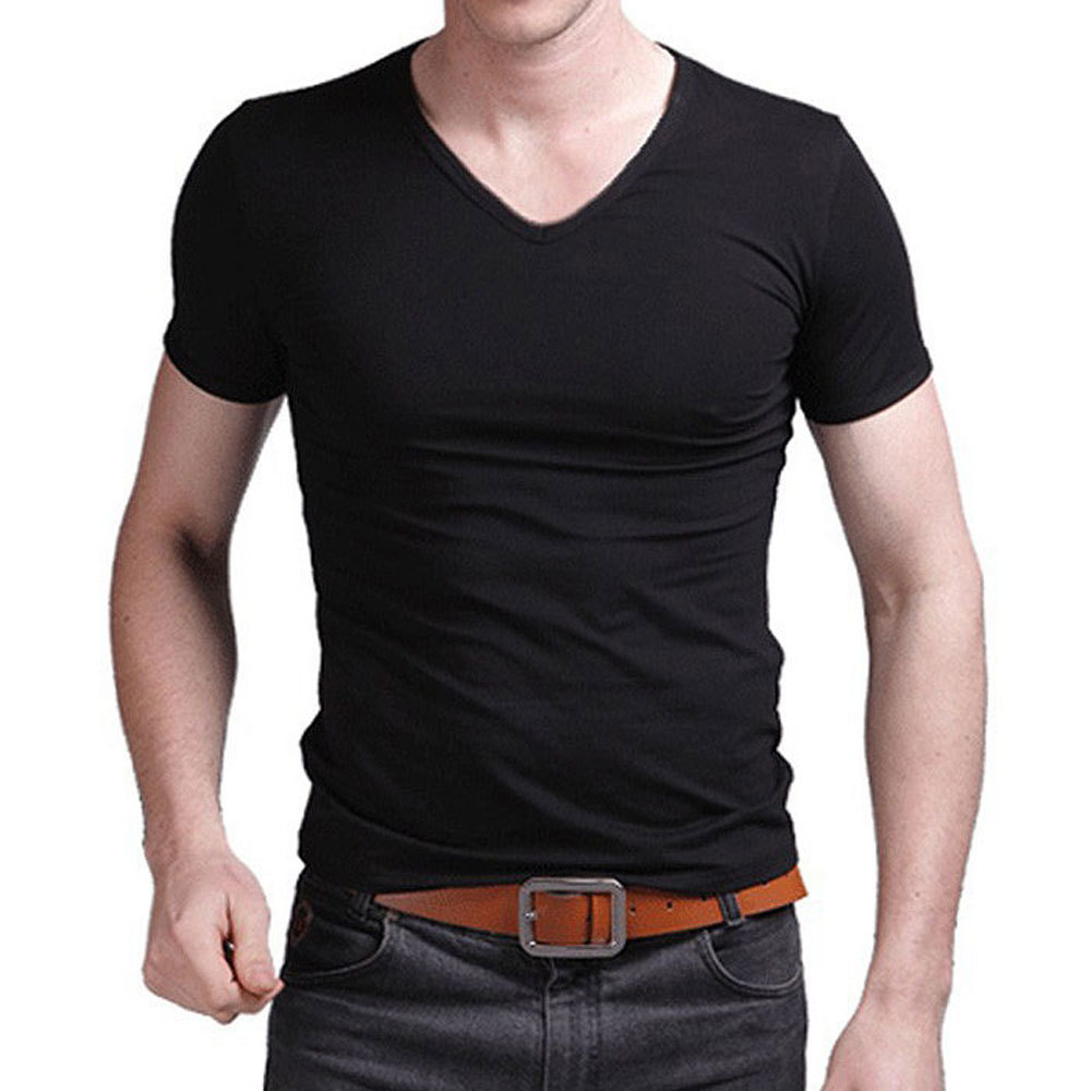 T Shirt Men's Casual Short Sleeve V-neck T-shirts Solid Summer Cotton Black / Gray / Green MYDBSH 210329
