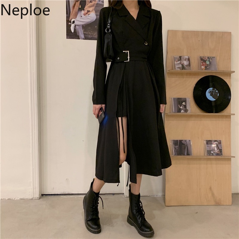 Neploe Maxi Dresses for Women Fashion Black Korean Dress Side Split High Wasit Slim Fit Robe Summer Temperament Vestido De Mujer 210422