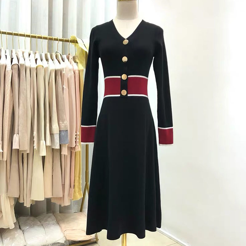 Winter Knitted Sweater Dress Women A-line Patchwork Color V-neck Long Sleeve Midi Elegant Ladies Vestidos 210421