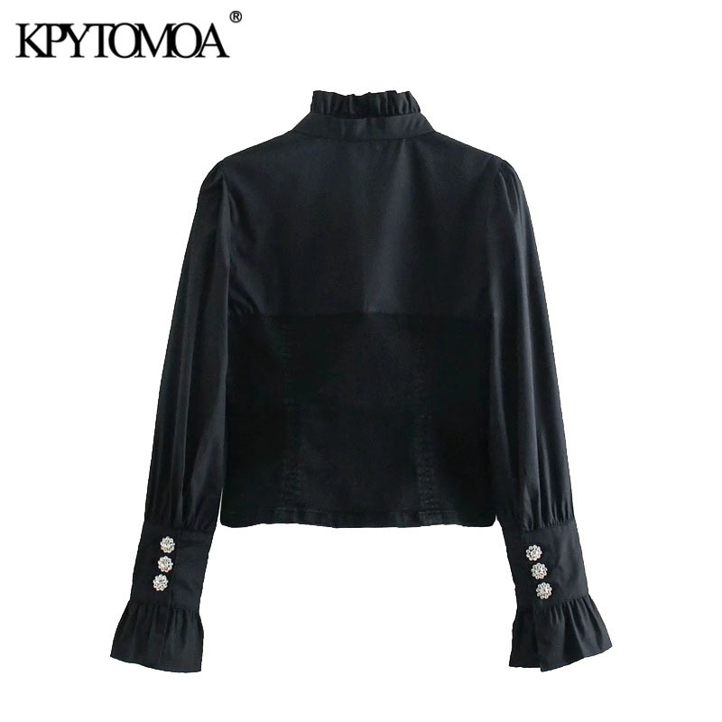 Women Fashion With Bow Tie Patchwork Denim Cropped Blouses Long Sleeve Button-up Female Shirts Chic Tops 210420