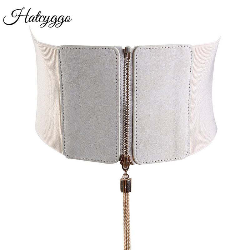 HATCYGGO Women Elastic Cinch Belt Wide Stretch Waist Belt Gold Tassel Zipper Corset Cummerbund Dress Adornment For Women Straps 210407