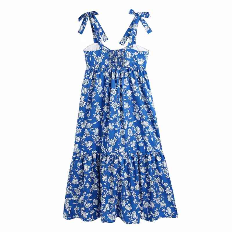 Summer Women Floral Printing Lace Up Suspender Midi Dress Female Sleeveless Clothes Casual Lady Loose Vestido D7696 210430