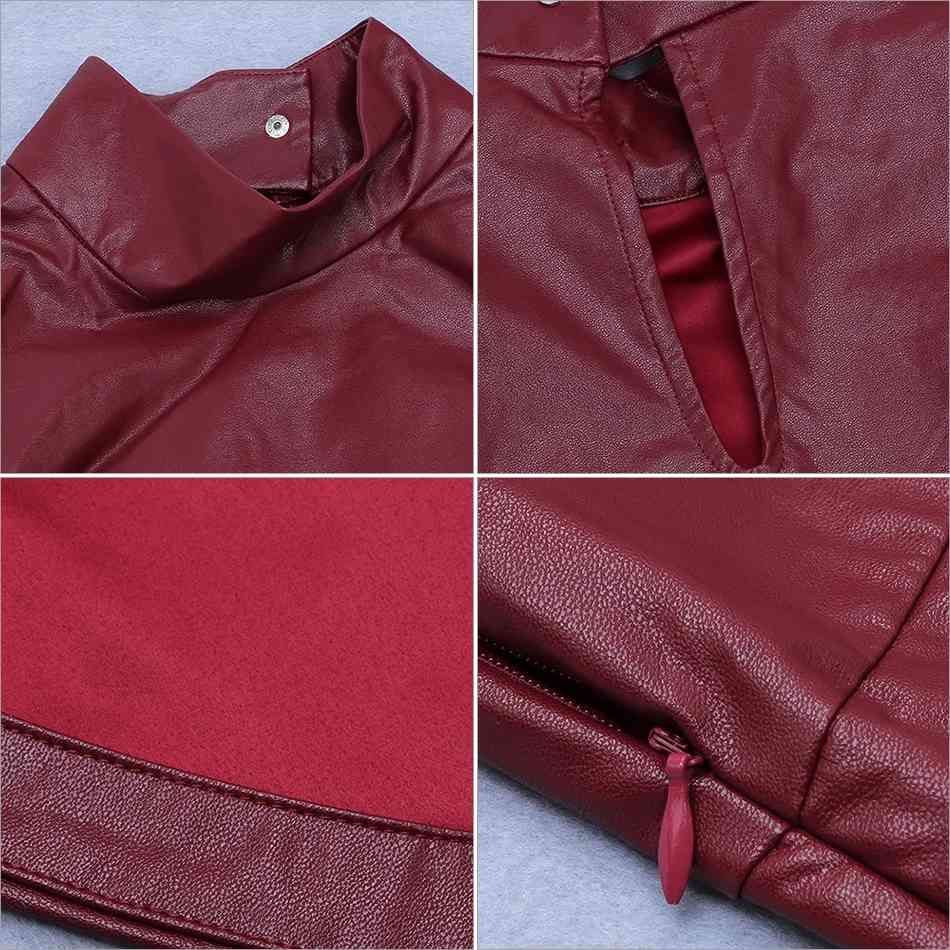 Free Elegant Women's Burgundy Faux Leather Dress Stand Collar Long Sleeve Bodycon Irregular Club Party 210524