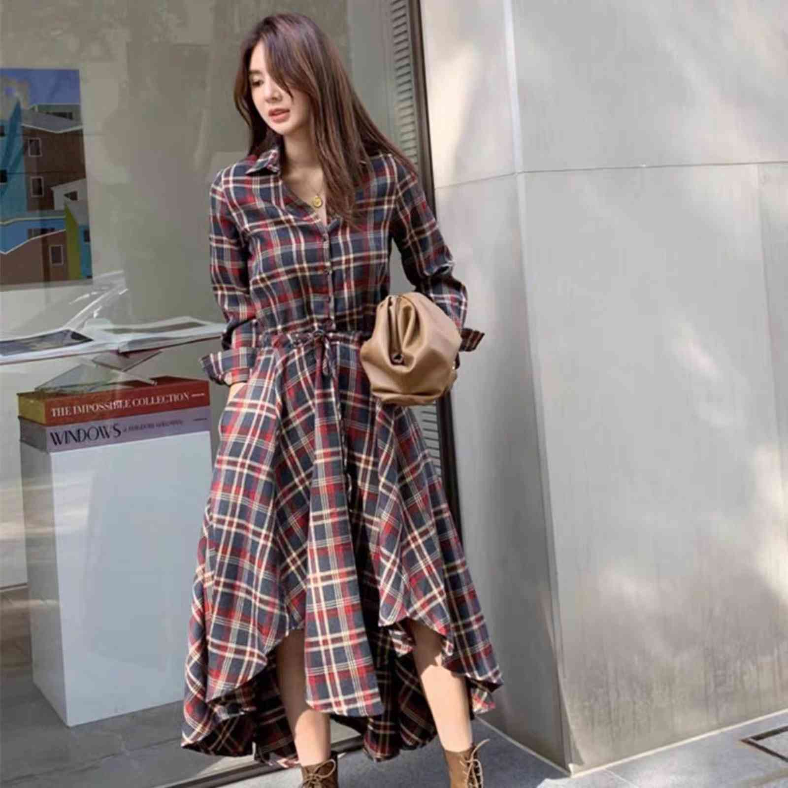 Vintage Spring Elegant Plaid Dress For Women Turn down Collar Long Sleeve High Waist With Sashes Irregular Casual Dresses 210519