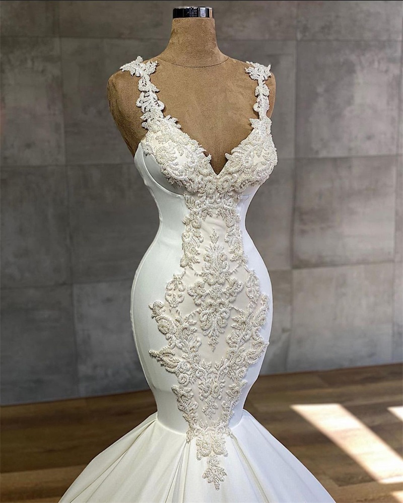 Luxury Mermaid Wedding Dress Beads Apppliqued Lace Robe De Mariee Custom Made Spaghetti Strap Beach Boho Bride Gown