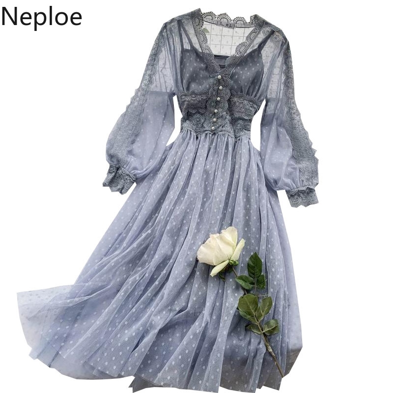 Neploe Dresses Women New Arrival Gauze Sweet Dress See Thorugh Heavy Lace Crochet Floral Pleated Elegant Robe Vestidos 210422