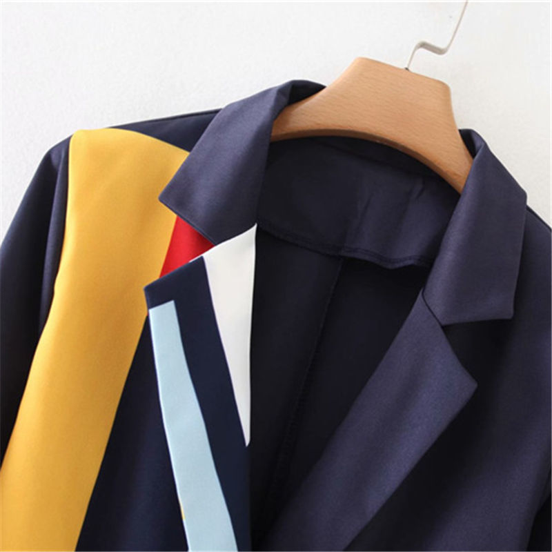 Women Fashion Stripe Patchwork Blazer With Belt Long Sleeve Office Lady Blazer Autumn Winter Ladies Streetwear Outwear Coat 210414