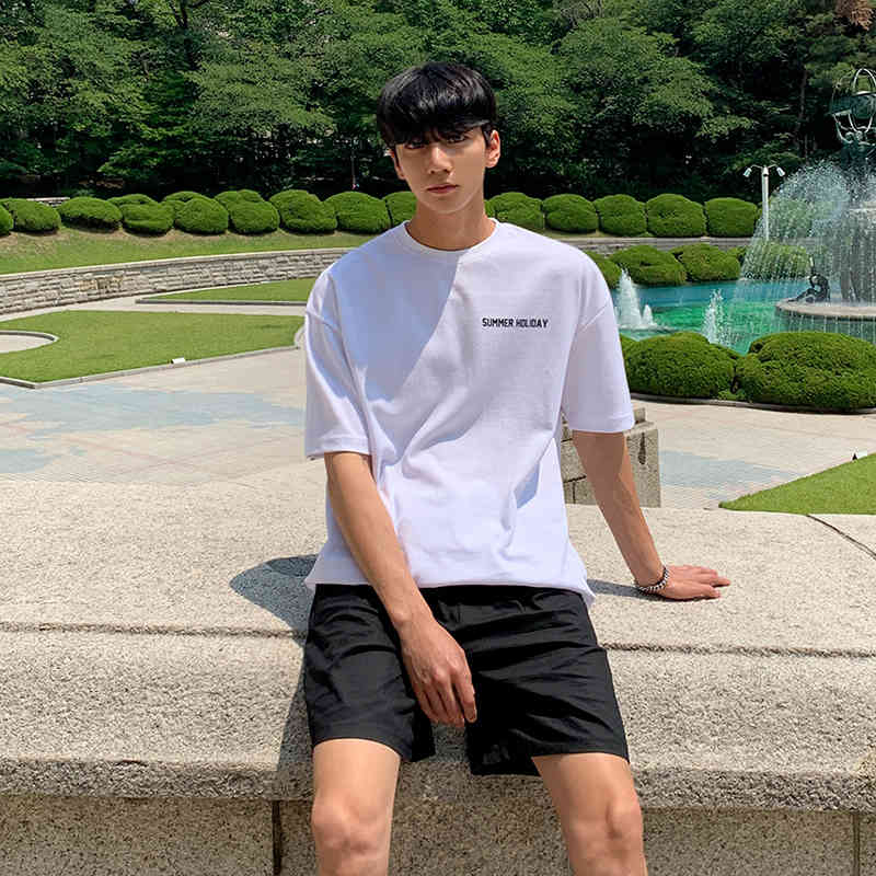 IEFB Summer Fashion Short Sleeve White T-shirt Men's Beach Loose Round Neck Cotton Tee Tops Causal Loose Tee Top 9Y7177 210524