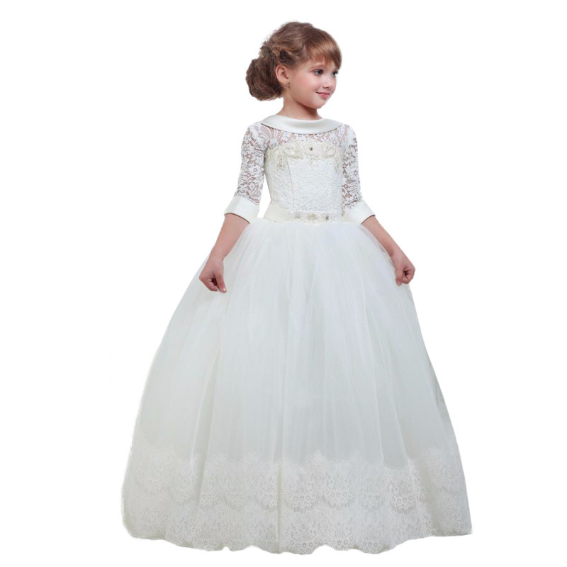 Lovely Flower Girls Dresses For Weddings Princess Jewel Long Sleeves Lace Deep V neck Big Bow Sweep Train Little Kids Holy Pageant Dress 2021