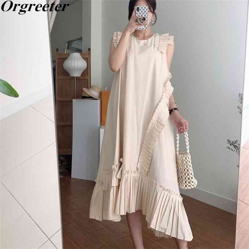 Summer Chic Flying sleeve Loose Solid Irregular Mid Long Dresses for Women Pleated Ruffles Stitching A-line Dress 210602, Black
Summer Chic Flying sleeve Loose Solid Irregular Mid Long Dresses for Women Pleated Ruffles Stitching A-line Dress 210602, Black