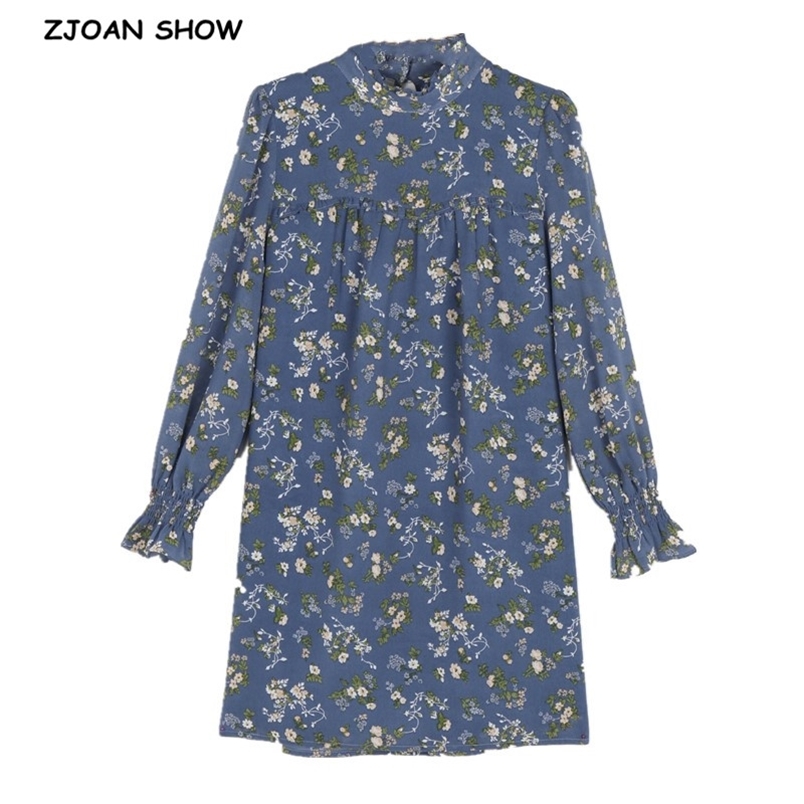 Women BOHO Blue Flower Print Shirt Dress Sexy Ladies Ruffles Collar Long Sleeve Loose Straight Mini Short Dresses 210429