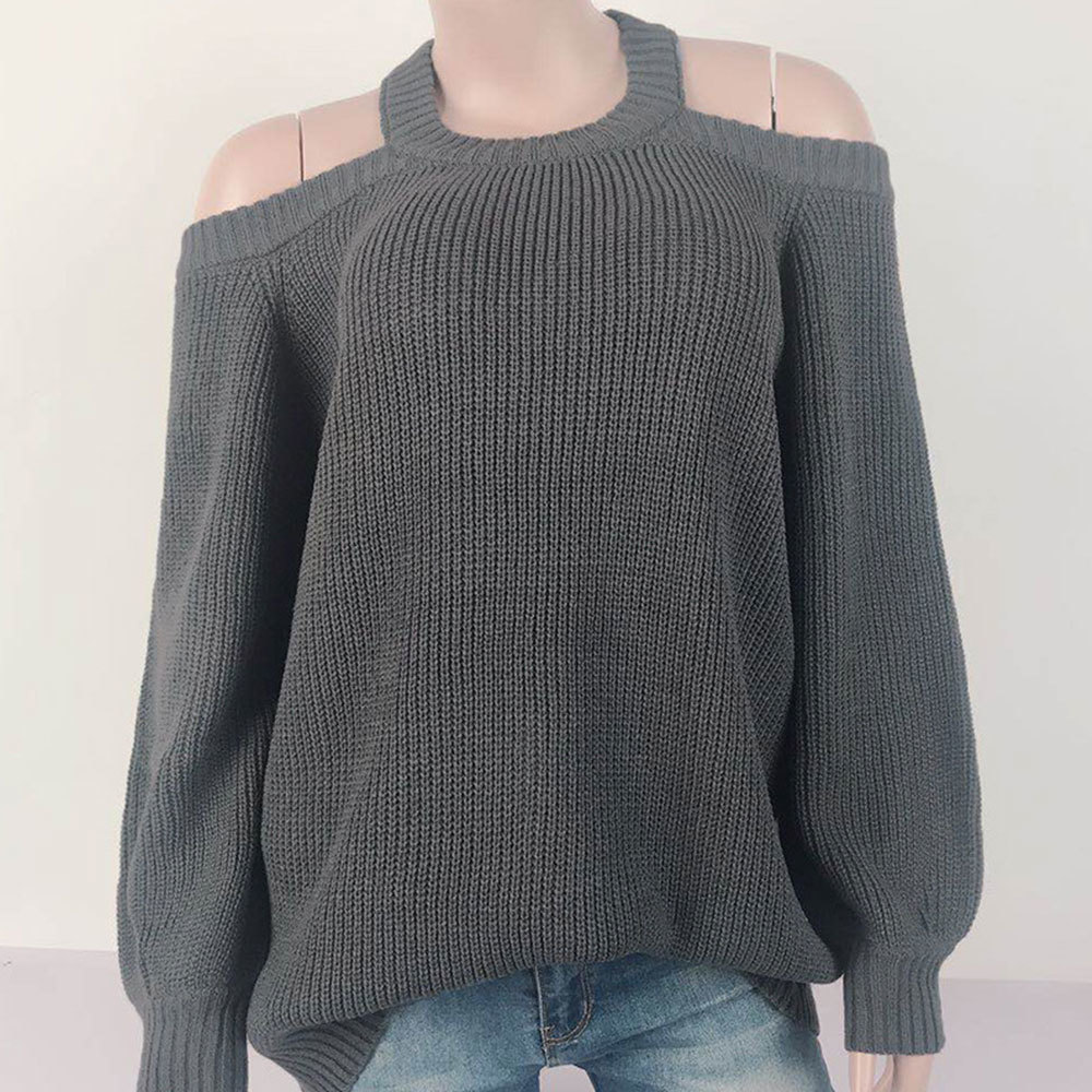 Women Autumn Sexy Off the Shoulder Backless Loose Sweater Casual Vintage Oversized Knitted Pullovers Solid Jumpers 210428