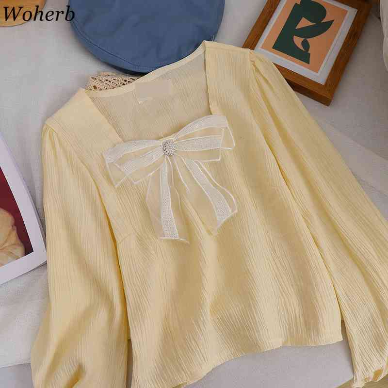 Sweet Square Collar Crop Short Tops Women Bow Beading Fashion Long Sleeve Blouse Summer Casual All Match Blusas 210519