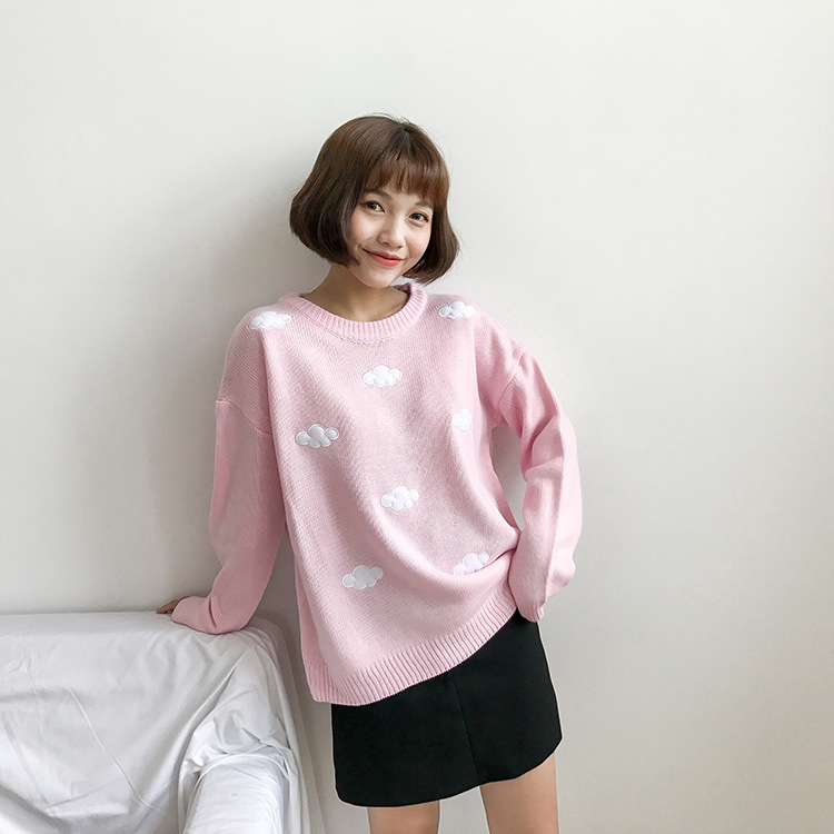 Spring Loose Clouds pink kawaii sweater women pullover casual O-Neck Long Sleeve knitted korean winter clothes 210521