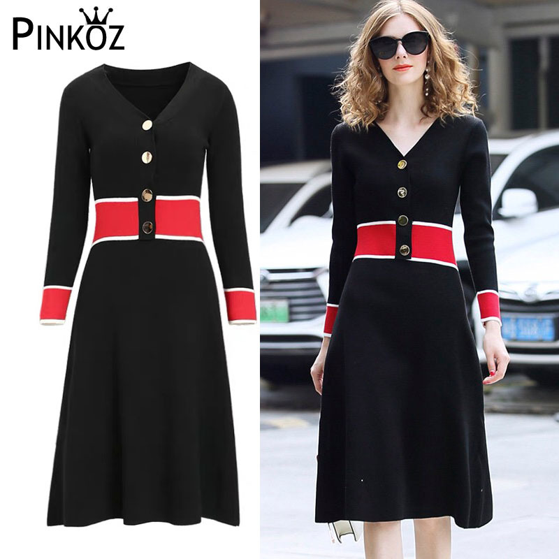 Winter Knitted Sweater Dress Women A-line Patchwork Color V-neck Long Sleeve Midi Elegant Ladies Vestidos 210421