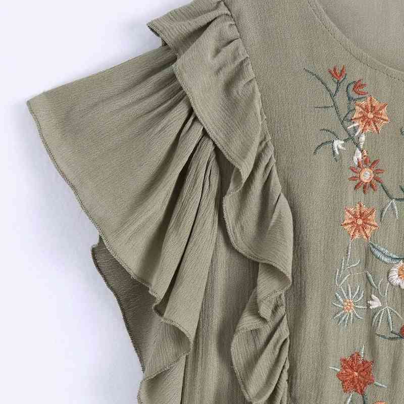 Summer Women Flower Embroidery Butterfly Sleeve Midi Dress Female Ruffle Splicing Clothes Casual Lady Loose Vestido D7682 210430