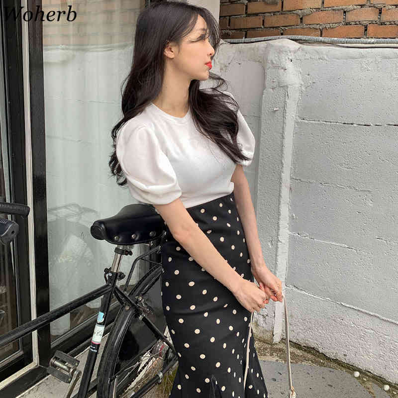 Korean Suit Simple O-Neck Puff Sleeve Tops High Waist Polka Dot Bodycon Fishtail Skirt Femme Roupas Two Piece Sets Women 210422