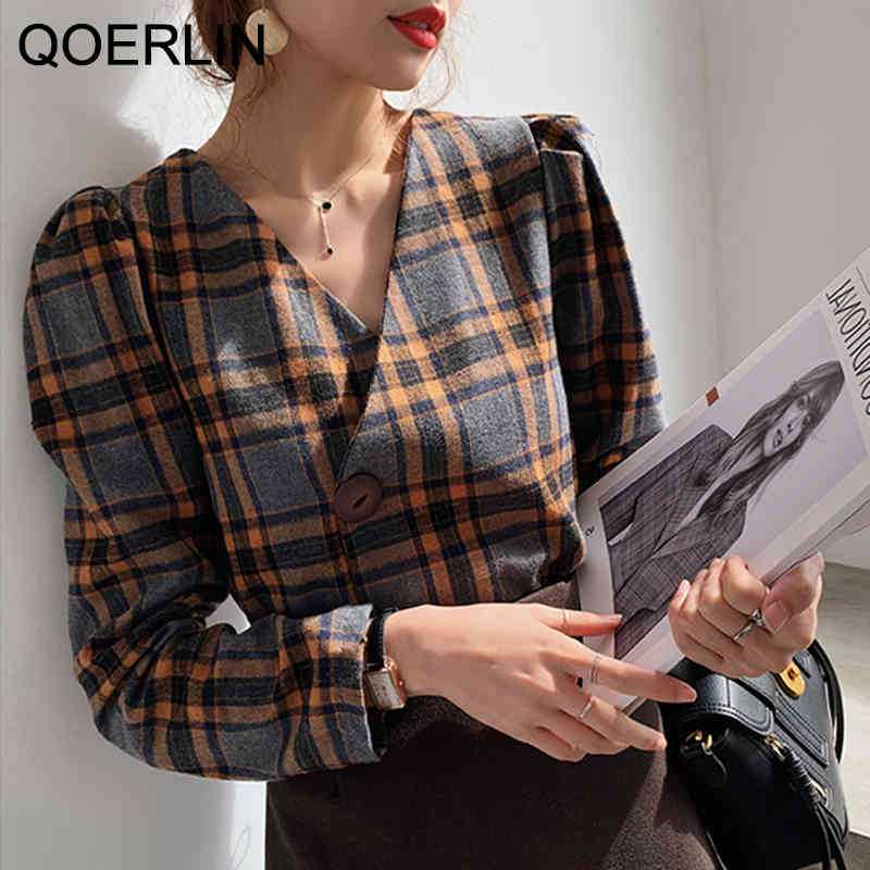 QOERLIN 3XL Womens Elegant Blouse Plus Size Vintage Sexy VNeck Plaid Crop Top Shirts Womens One Button Jacket Shorts Blouse 210412