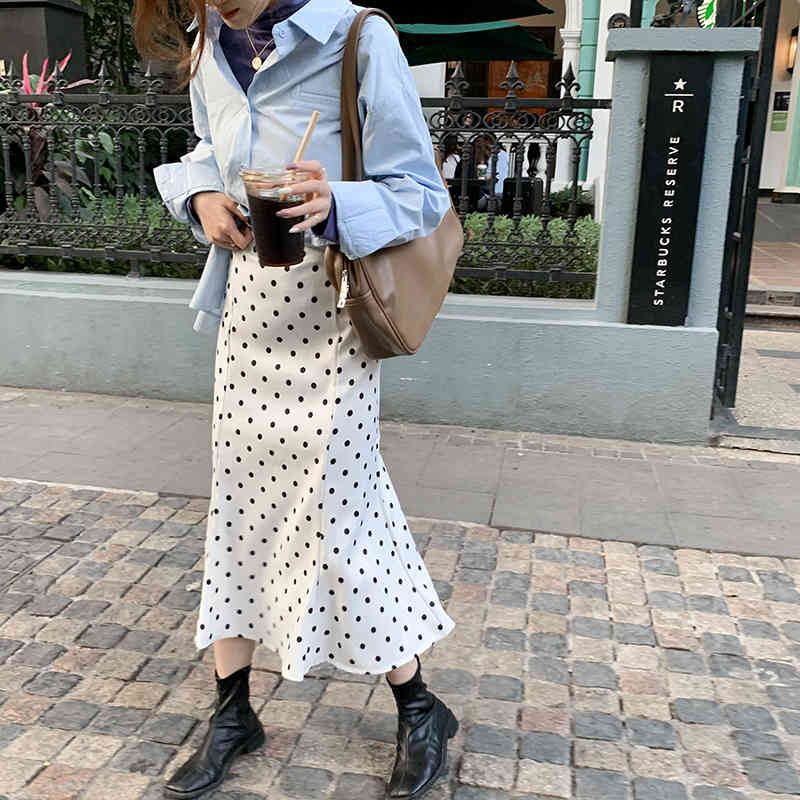 Polka Dots Elegant Vintage Fashion Feminine Chic Retro Female OL Slim Regular A-Line Women High Waist Long Skirt 210421