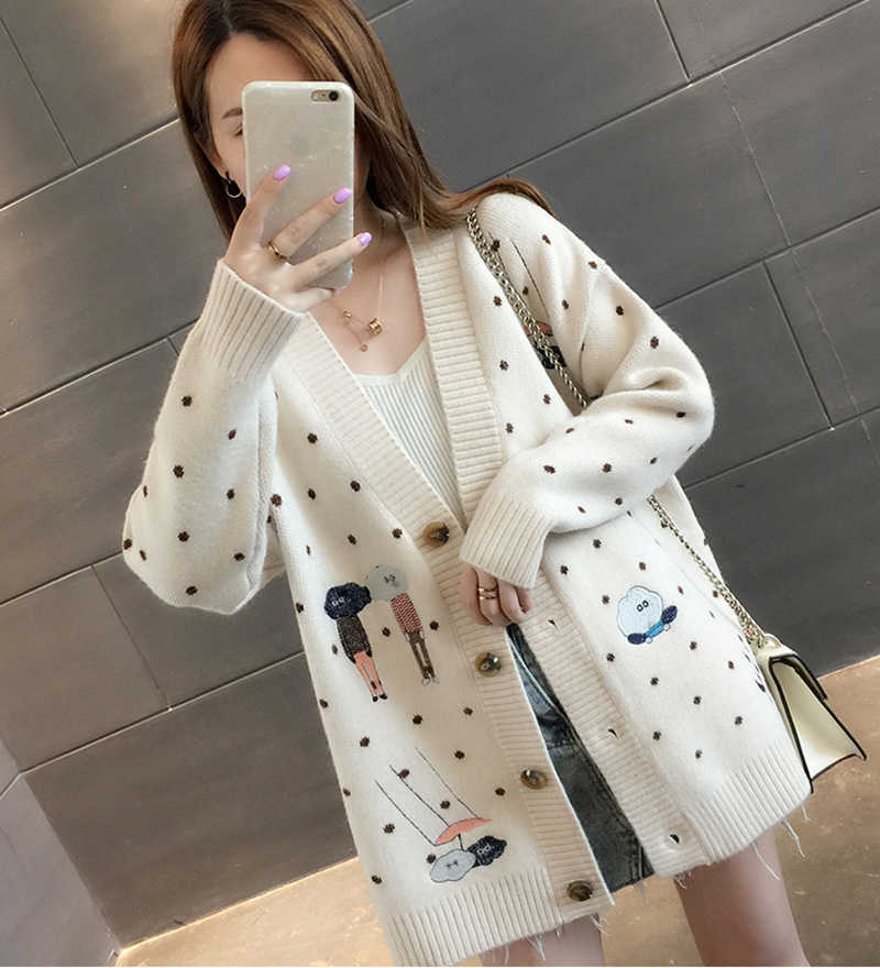 AZYT Autumn Dot Cartoon Print Knit Cardigan Women V Neck Long Sleeve shirt Tops Female Harajuku Sweater Coat 211018