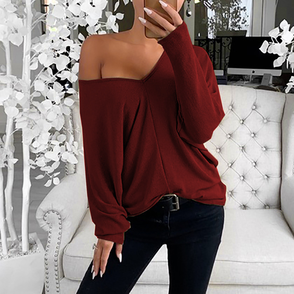 Women's Tops Tees T-Shirt European and American style new simple big V-neck shoulder sleeves loose long-sleeved