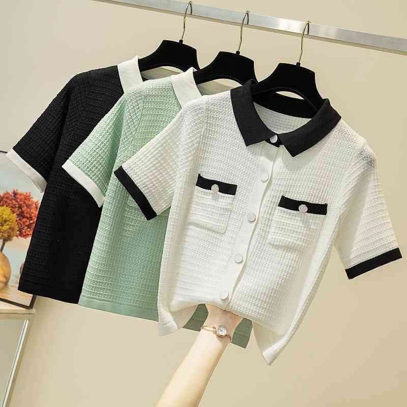 Summer Elegant Thin Knitted T-shirt For Women Turn Down Collar Buttons Pockets Tops Vintage T Shirts Korean Outwear 210514