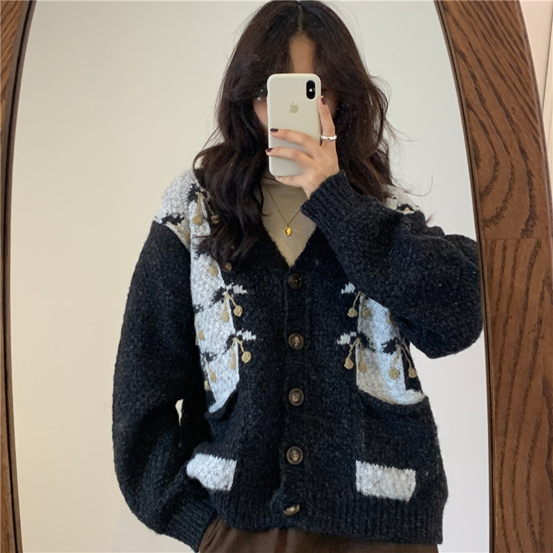 Women Feminine Vintage Office Lady Retro Oversize Warm Loose Knitted V-neck All-Match Slim Cardigans Sweaters 210421
