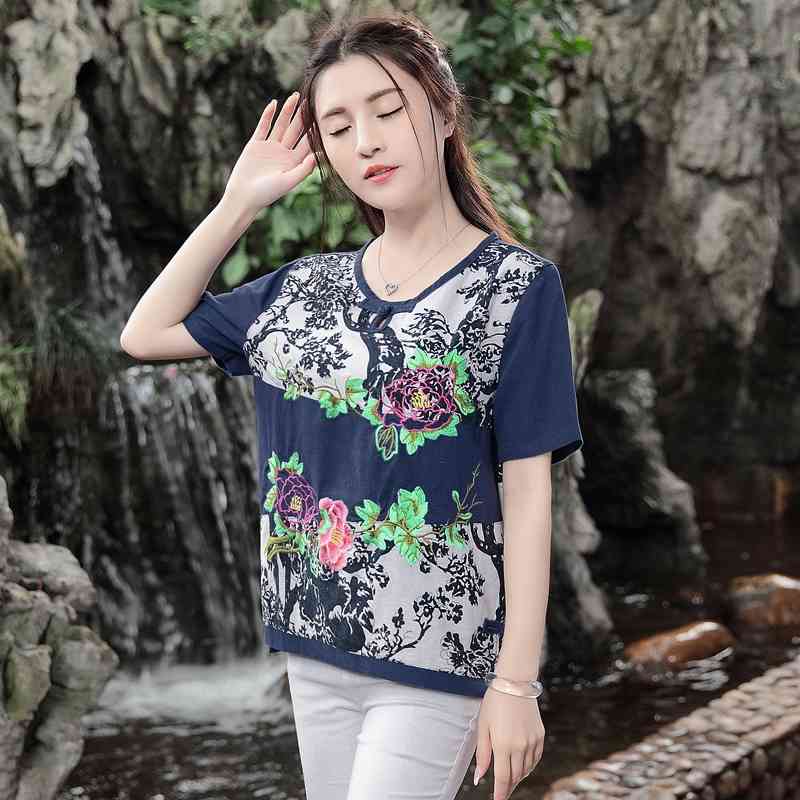 fashion floral embroidery women shirt blouse short-sleeve 's clothing plus size loose tops blusas D824 30 210506