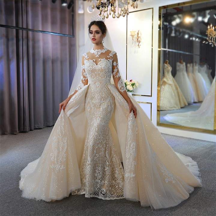 Elegant Mermaid Wedding Dress With Overskirts Dresses Illusion High Neck Long Sleeve Bridal Gowns De Soiree Turkish Couture Beads Custom Made