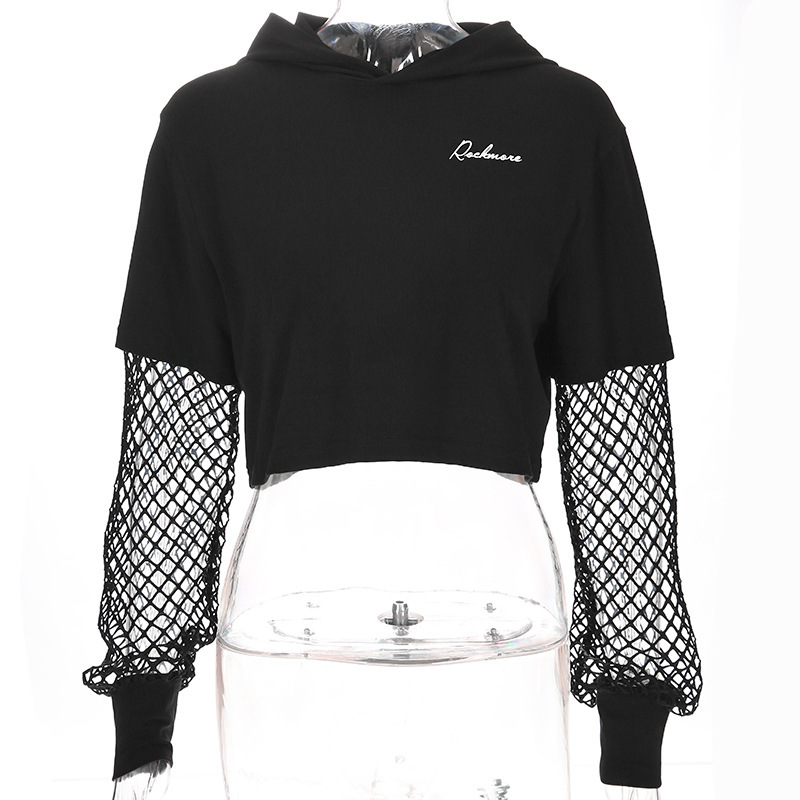 Kimutomo Women Letter Printing Hoodie Summer Female Fishnet Patchwork Long Sleeve Short Pullovers Streetwear Fashion 210521
